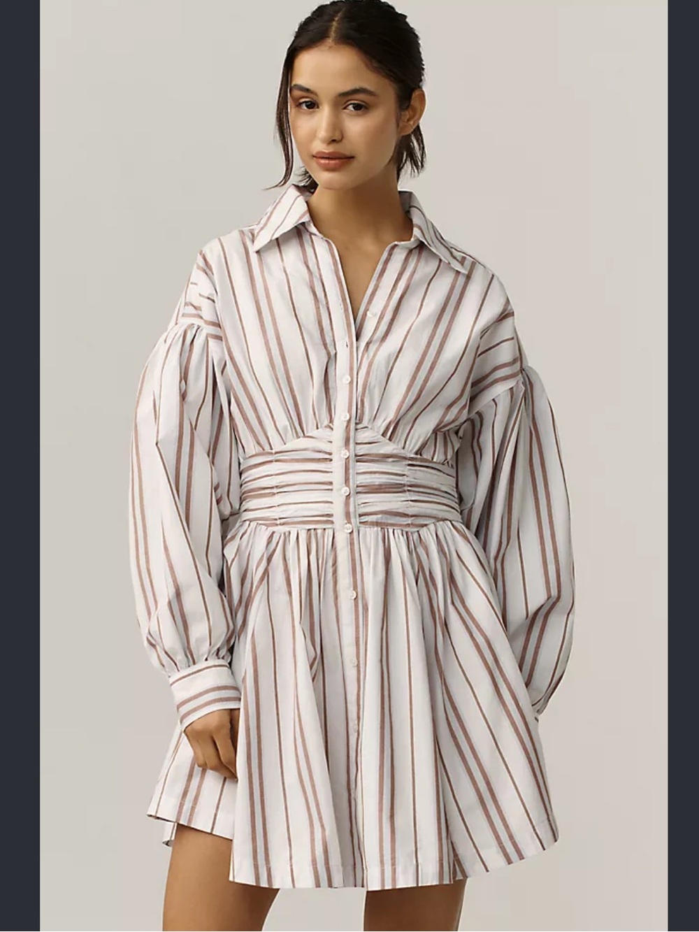 Anthropologie Tobie White Mini Dress with Brown Stripes Long Sleeve